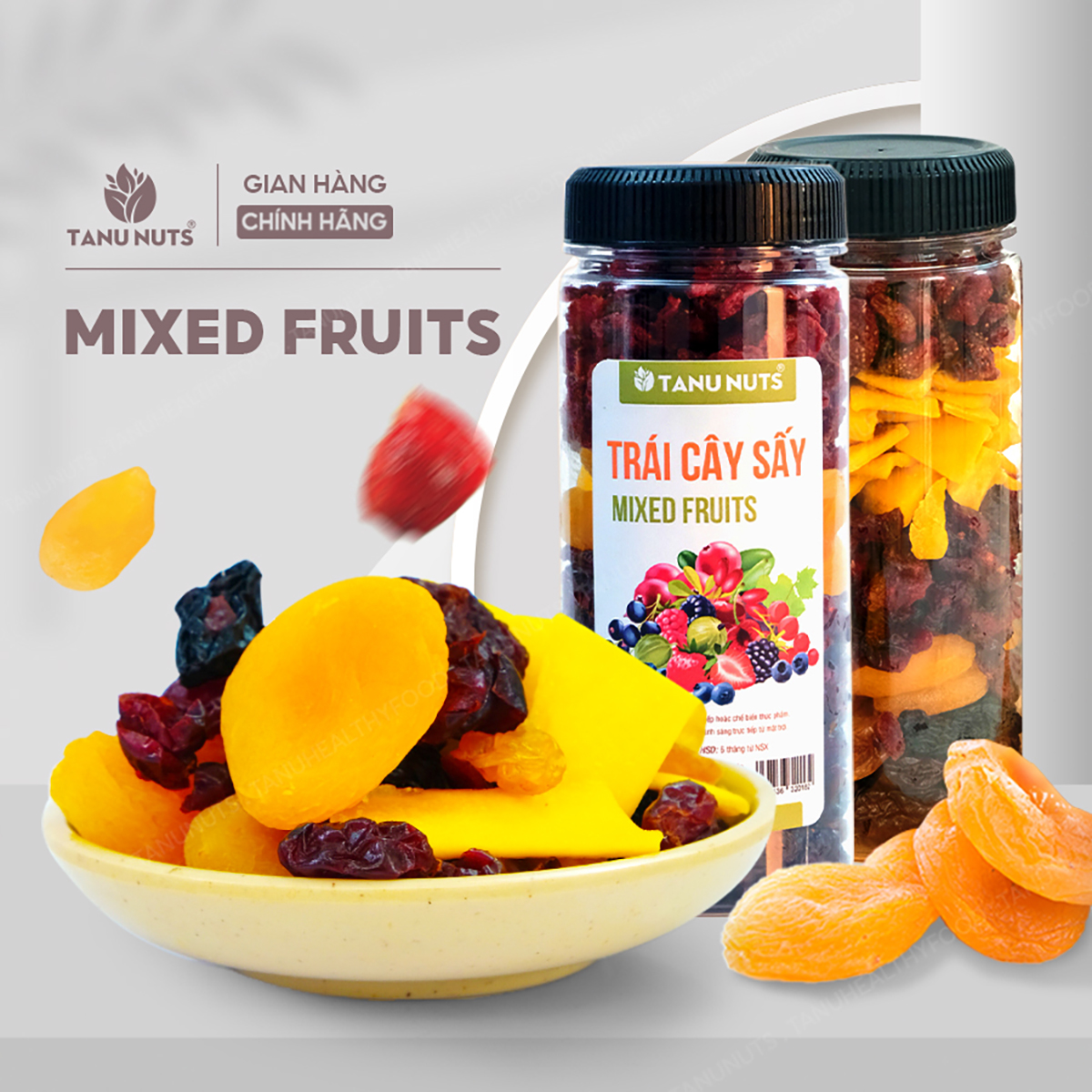 Trái cây sấy dẻo không đường TANU NUTS Mix Fruits 5 loại gồm mơ, xoài sấy, dâu sấy, nho khô, việt quất 400g