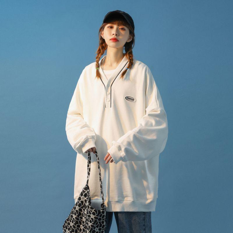 Áo Sweater Nỉ Unisex Viền Cổ Phối Nút Form Rộng Ulzzang ZoZo_Unisex