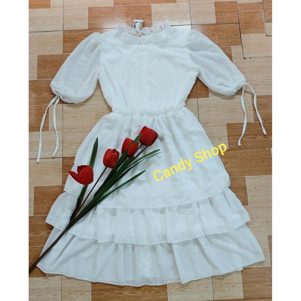 Đầm voan xoè 3 tầng tay cột nơ cổ bèo