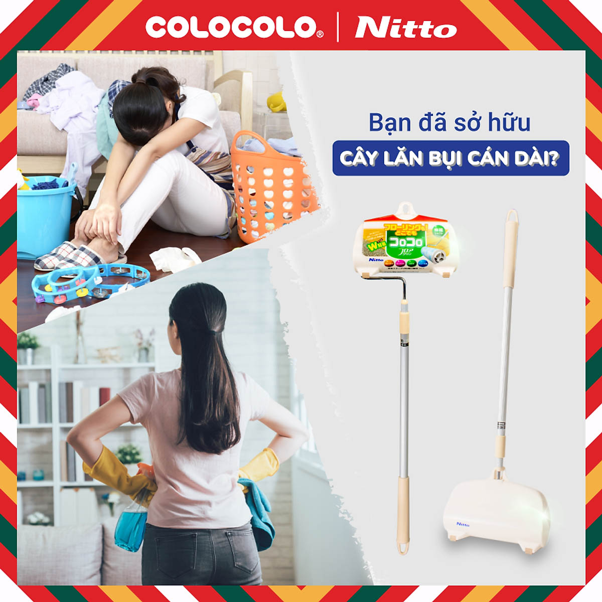 Cây Lăn Bụi Sàn Nhà Cán Dài COLOCOLO Nhật Bản - Tăng giảm chiều dài linh động 610mm-970mm