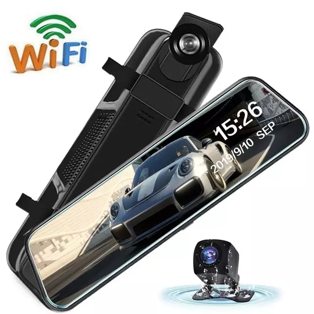 Camera WiFi hành trình ô tô Gương chiếu hậu 9.66 inch Full gương -Màn hình cảm ứng -Kết nối điện thoại video 2K sắc nét - Camera kép trước và sau