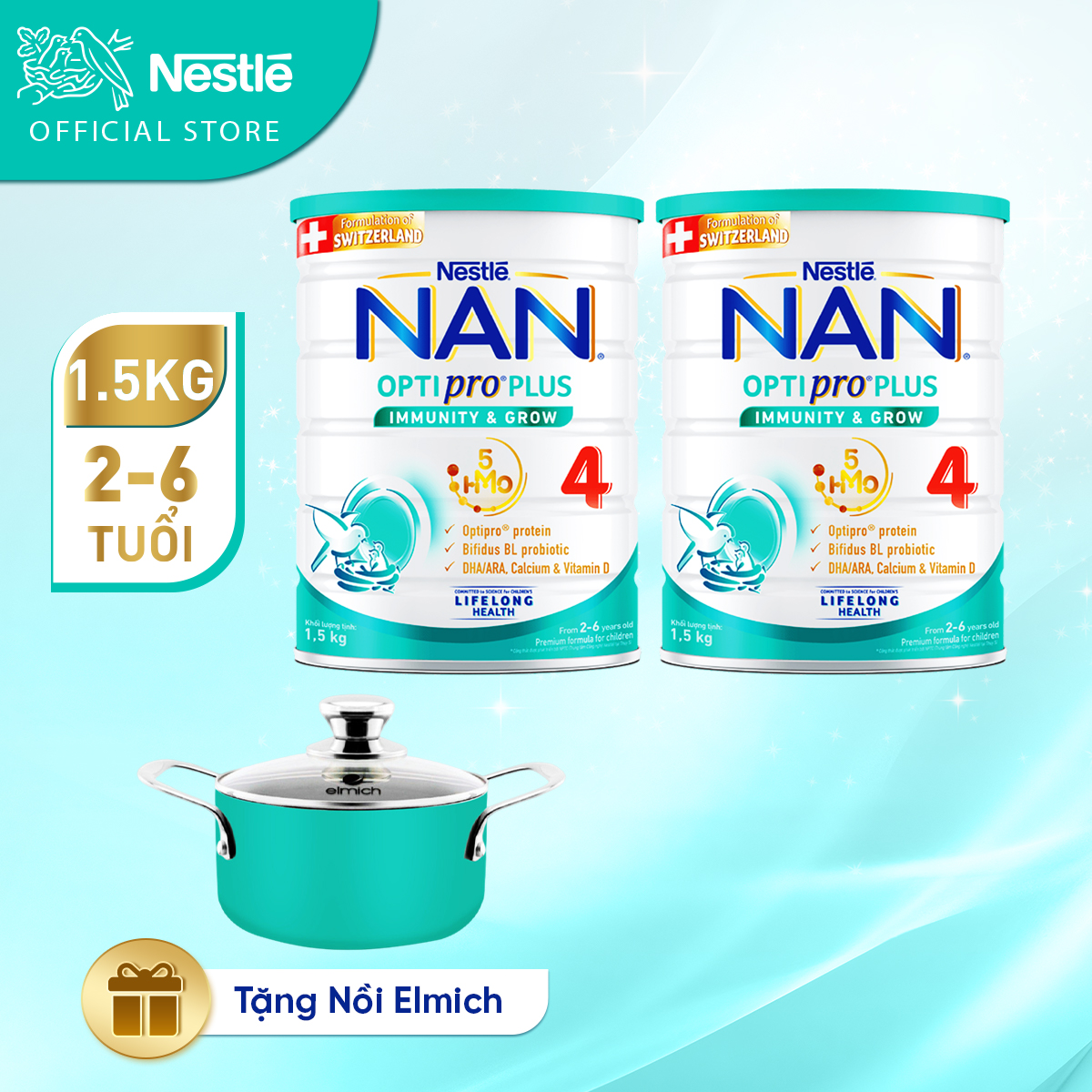 Bộ 2 lon Sữa bột Nestlé NAN OPTIPRO PLUS 4 1500g/lon với 5HMO Giúp tiêu hóa tốt + Tăng cường đề kháng + Tặng Nồi Elmich