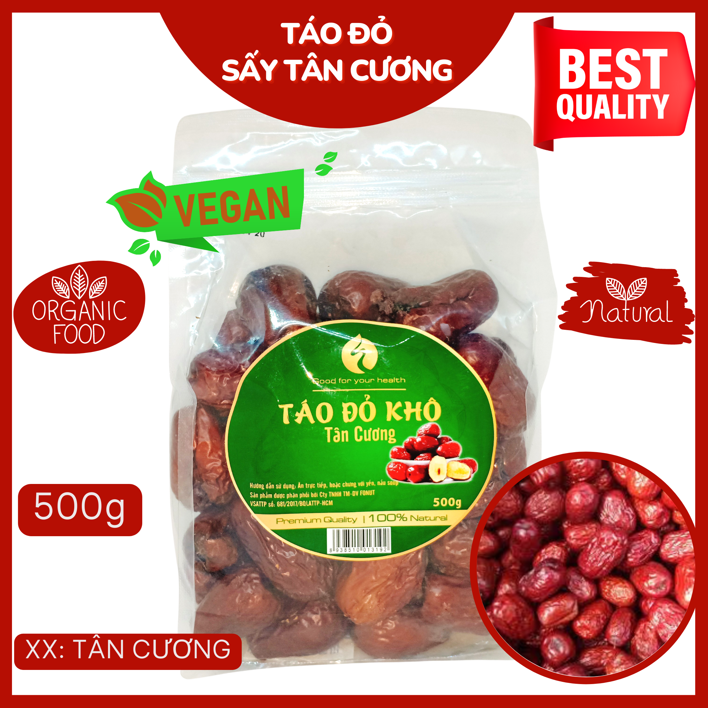 Táo đỏ sấy khô FONUT Tân Cương túi 500g