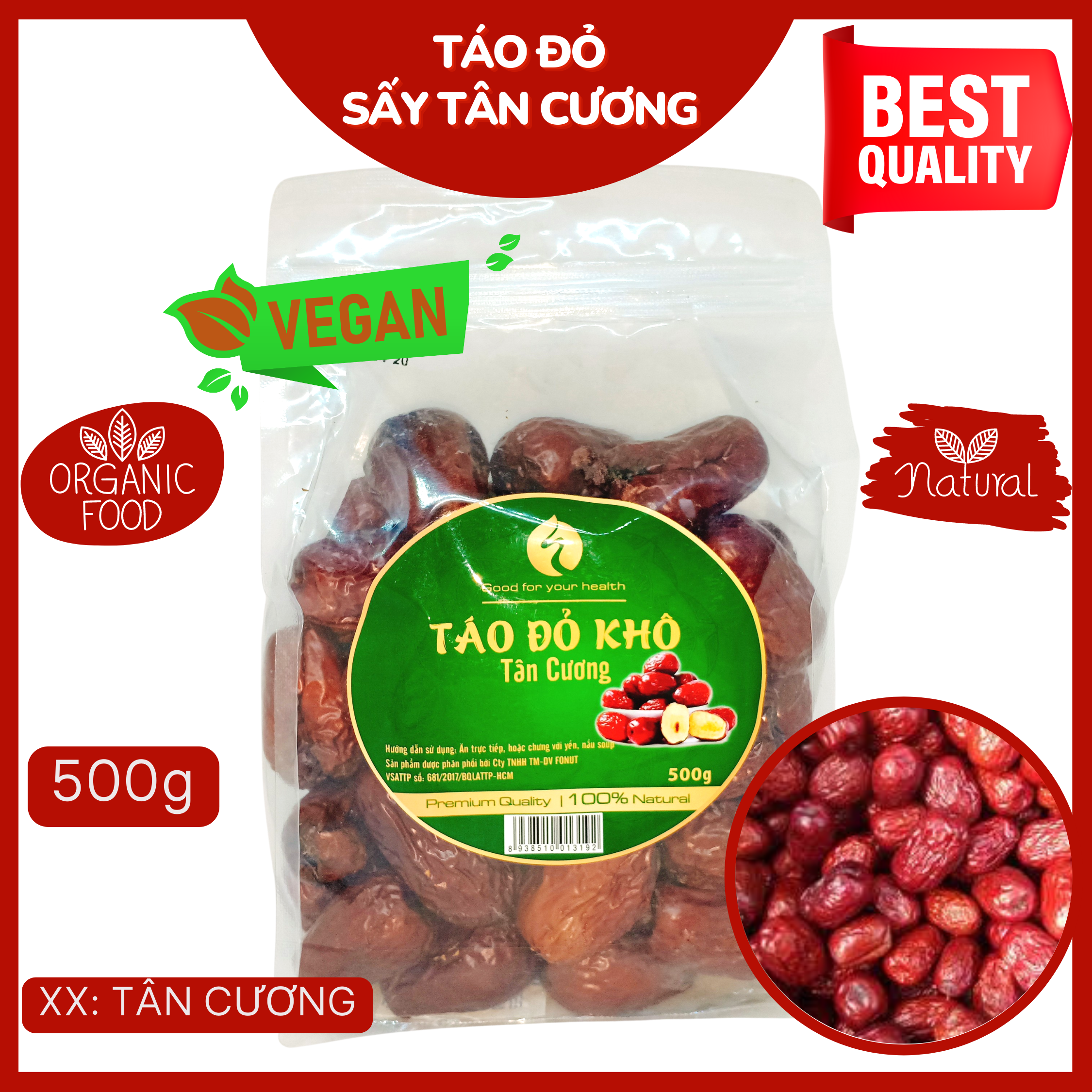 Táo đỏ sấy khô FONUT Tân Cương túi 500g 