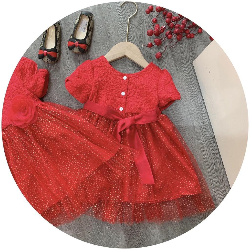 Váy đỏ đai eo bé gái siêu đẹp