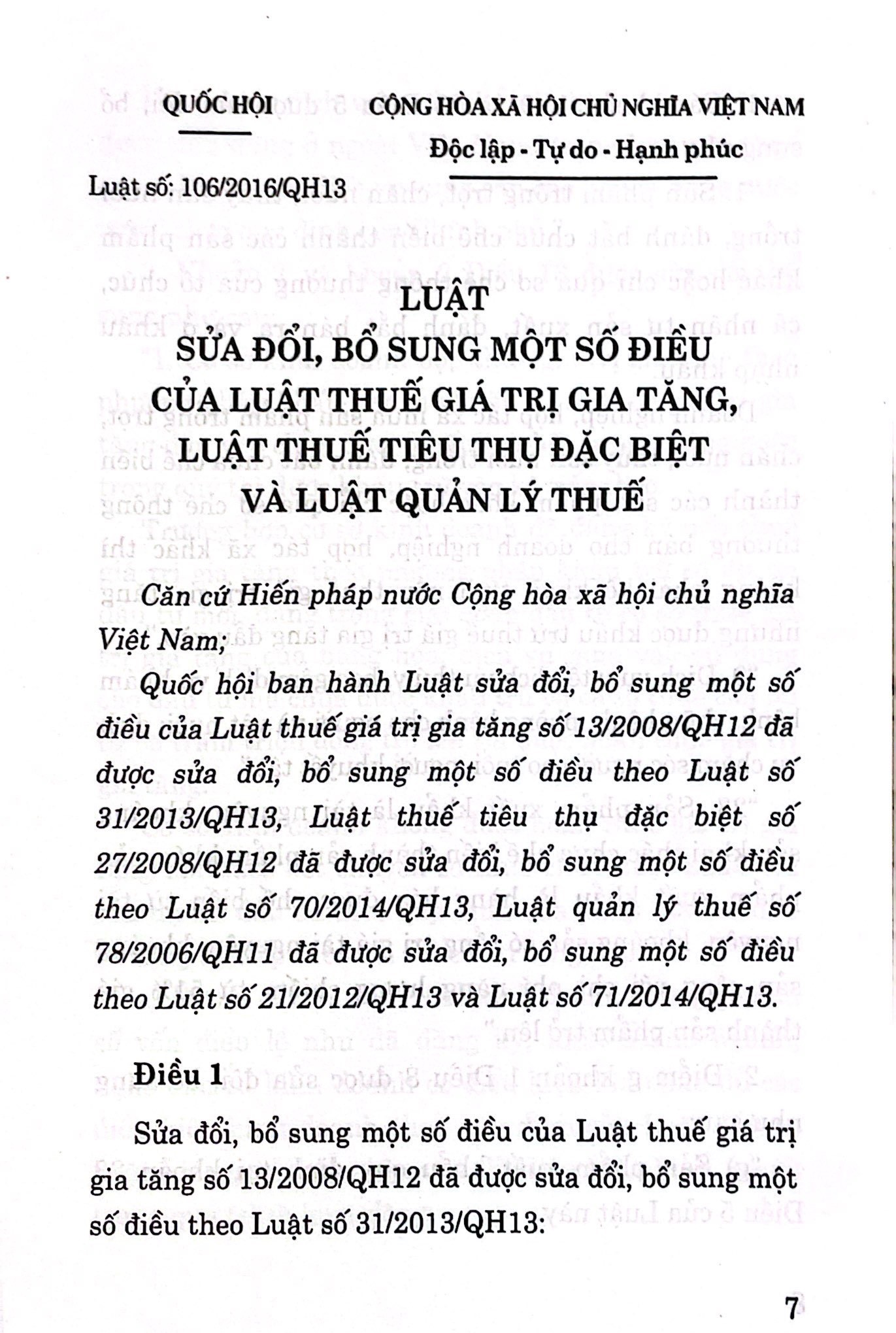 Luật sửa đổi, bổ sung một số điều của Luật thuế giá trị gia tăng, Luật thuế tiêu thụ đặc biệt và Luật quản lý thuế