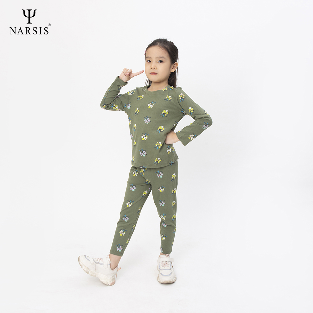 Bộ đồ bé gái thu đông Narsis KM0029 màu xanh rêu hoa cúc