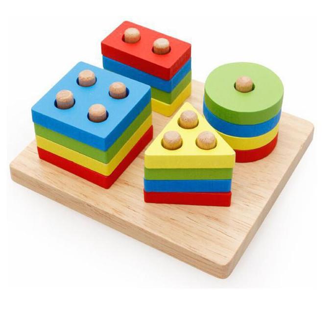Đồ chơi montessori thả hình khối luồn cọc - Đồ chơi giáo giục hình học bằng gỗ