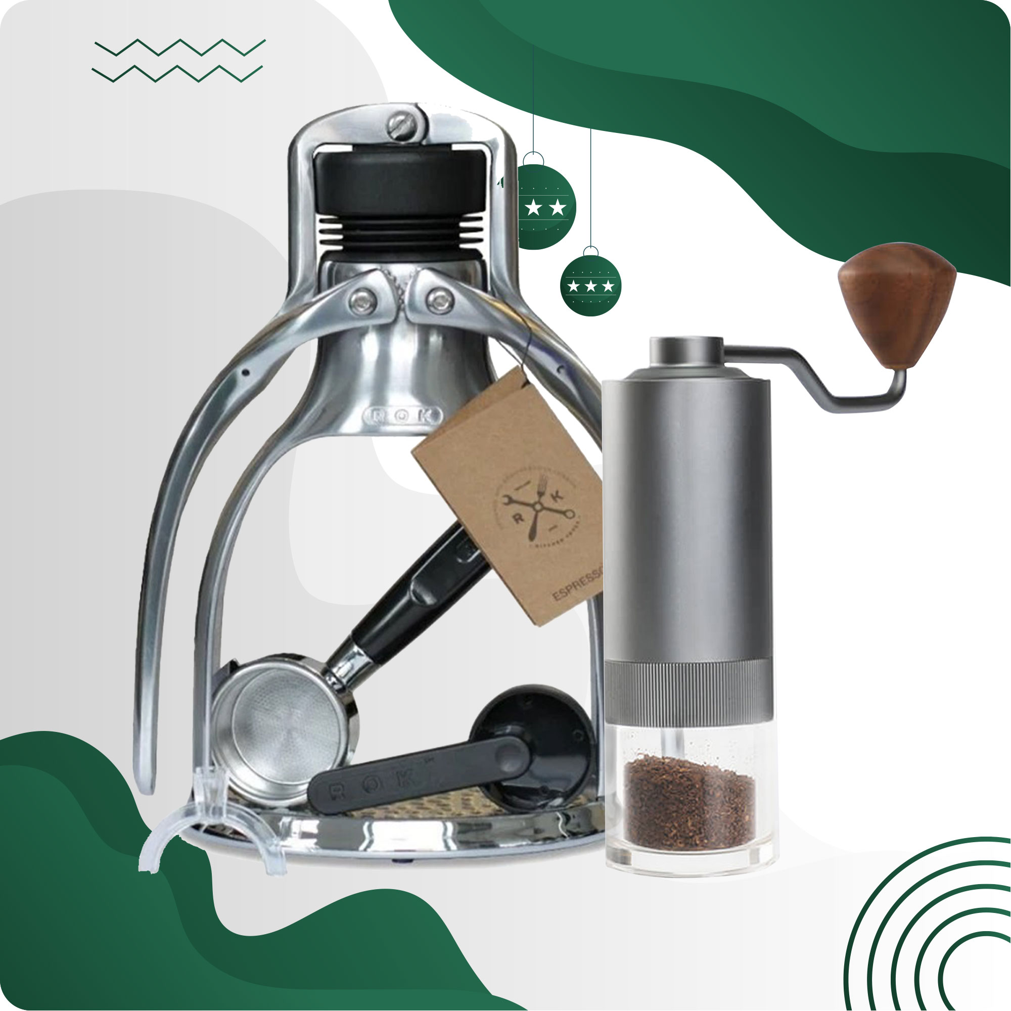 COMBO DỤNG CỤ ÉP CÀ PHÊ BẰNG TAY ROK ESPRESSO GC SILVER &amp; GURU PRO GRINDER GREY – WINTER BREAK