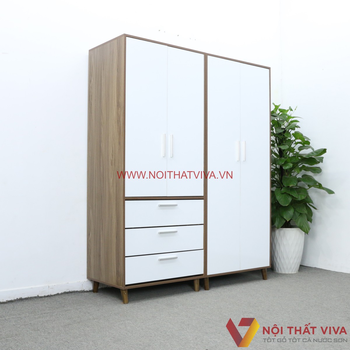 Tủ Quần Áo Lắp Ráp 4 Cánh Gỗ MDF Màu Óc Chó Phối Trắng Đẹp Hiện Đại