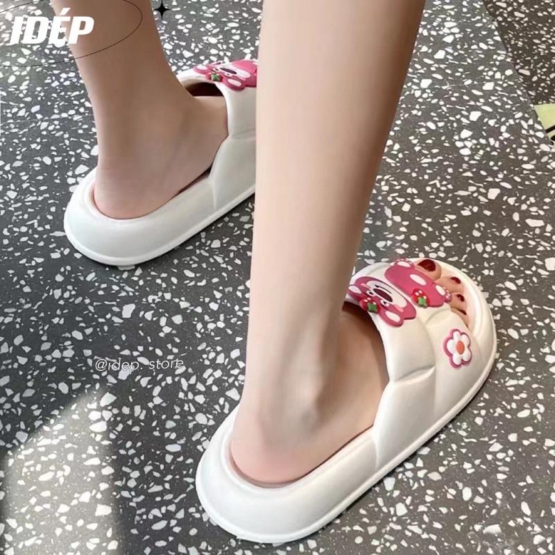 Dép Bánh mì hình vuông gắn sticker GẤU HỒNG cao 3cm nữ quai ngang chất EVA siêu nhẹ iDÉP DL259