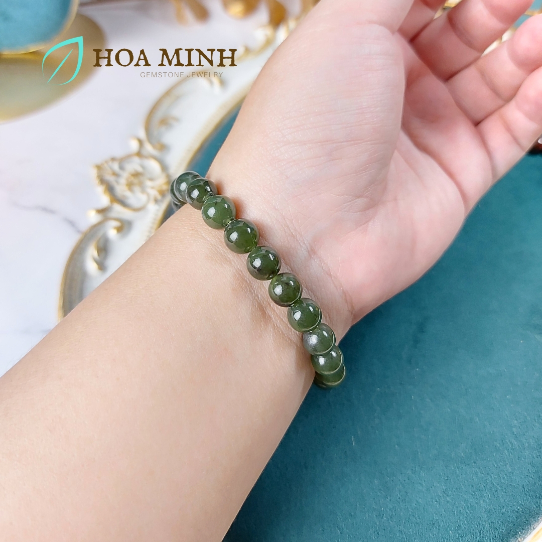 Vòng tay đá Ngọc Bích Nephrite tự nhiên xanh đậm size hạt 7.9 - 8.3 li không kén mệnh
