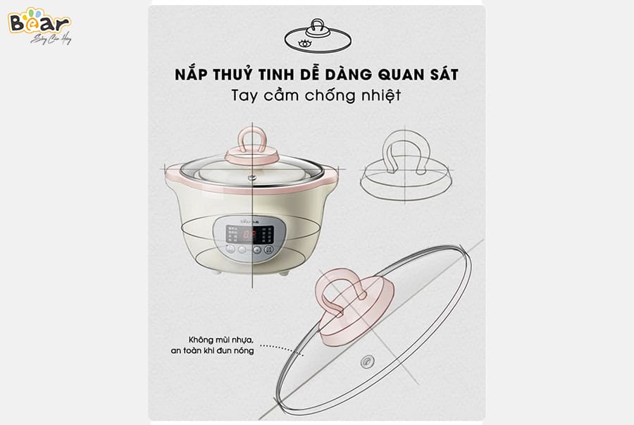 Nồi Ninh, Hấp, Nấu Cháo, Nấu Đồ Ăn Dặm Cho Bé 6 Trong 1 BEAR SUBE002 Có Lồng Hấp Dung Tích 1.6L Công Suất 200W - Hàng Chính Hãng - Hàng Chính Hãng