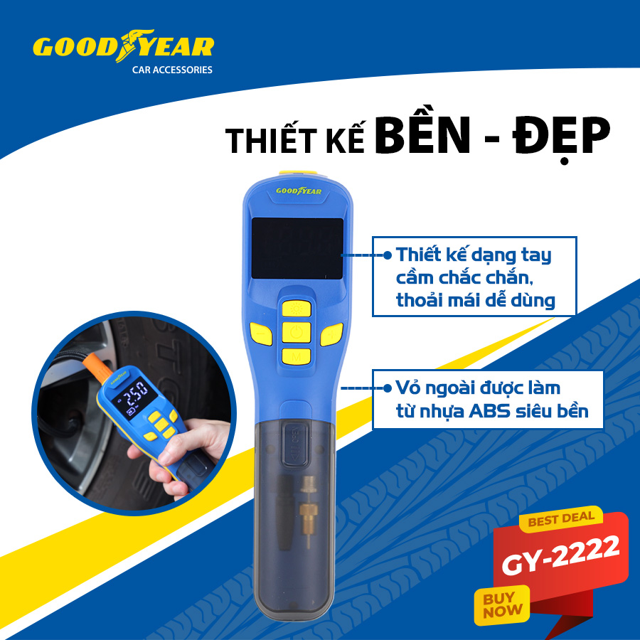 Máy Bơm Lốp Xe GOODYEAR GY-2222 Cầm Tay Nhỏ Gọn Không Dây Tích Điện - Nhập Khẩu Chính Hãng