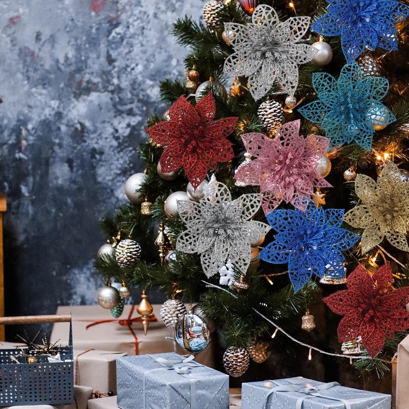 Set 5 hoa nhân tạo lấp lánh 10cm trang trí cây thông Giáng sinh