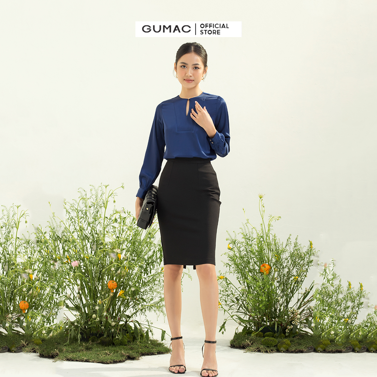 Áo kiểu nữ GUMAC AC03047 cổ tròn khoét giọt nước tay dài thanh lịch