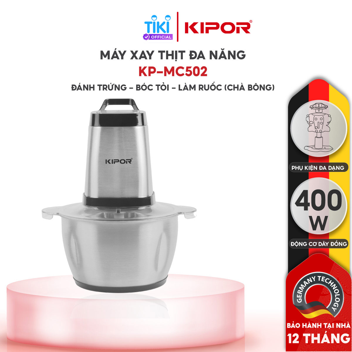 Máy xay thịt đa năng KIPOR KP-MC502 - Cối Inox 304, dung tích 2L, 4 lưỡi dao bằng thép (400W) - Hàng Chính Hãng