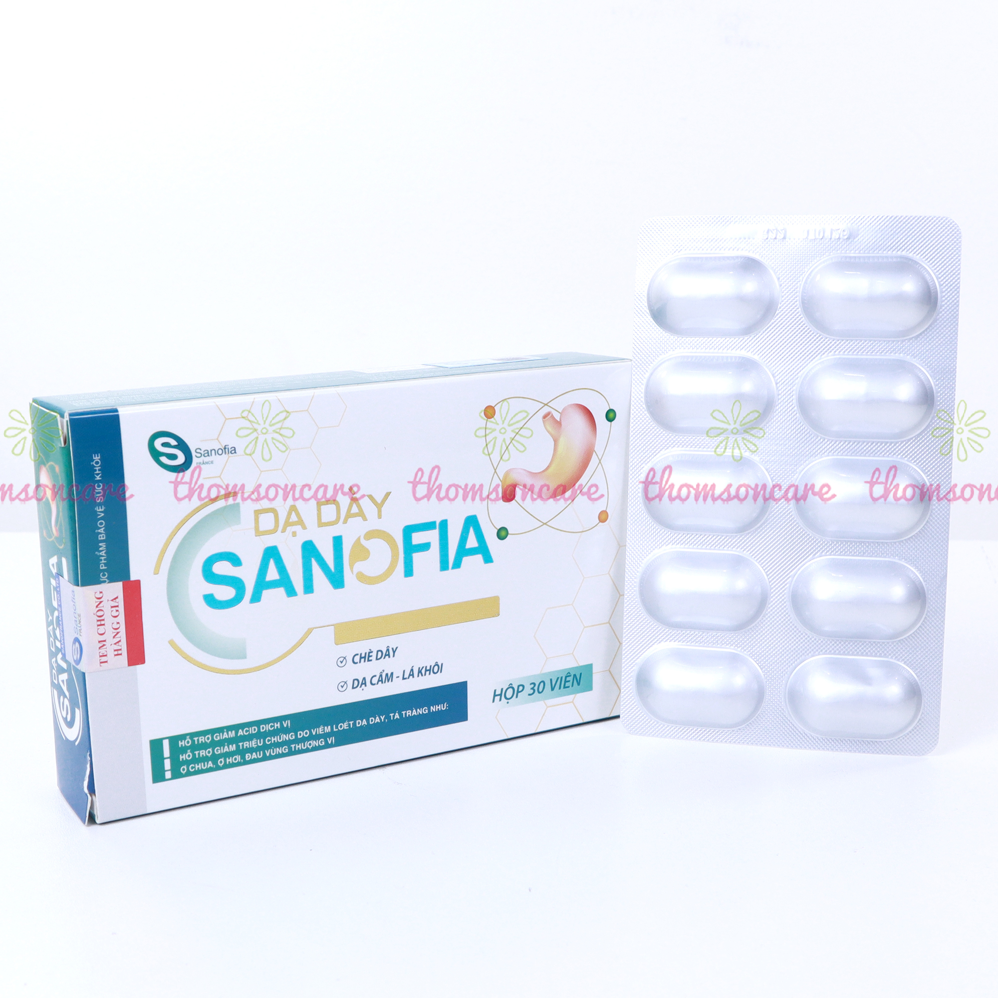 Viên uống giảm đau dạ dày Sanofia - giảm acid dịch vị, trào ngược, ợ hơi, ợ chua, đau thượng vị từ cây chè dây- Hộp 30 viên - Thomsoncare