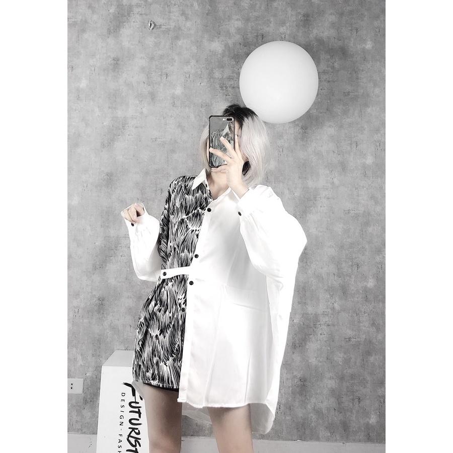 Sơmi White And Black Mix Nửa Thân, Áo sơ mi nữ form rộng phối lụa hàn họa tiết