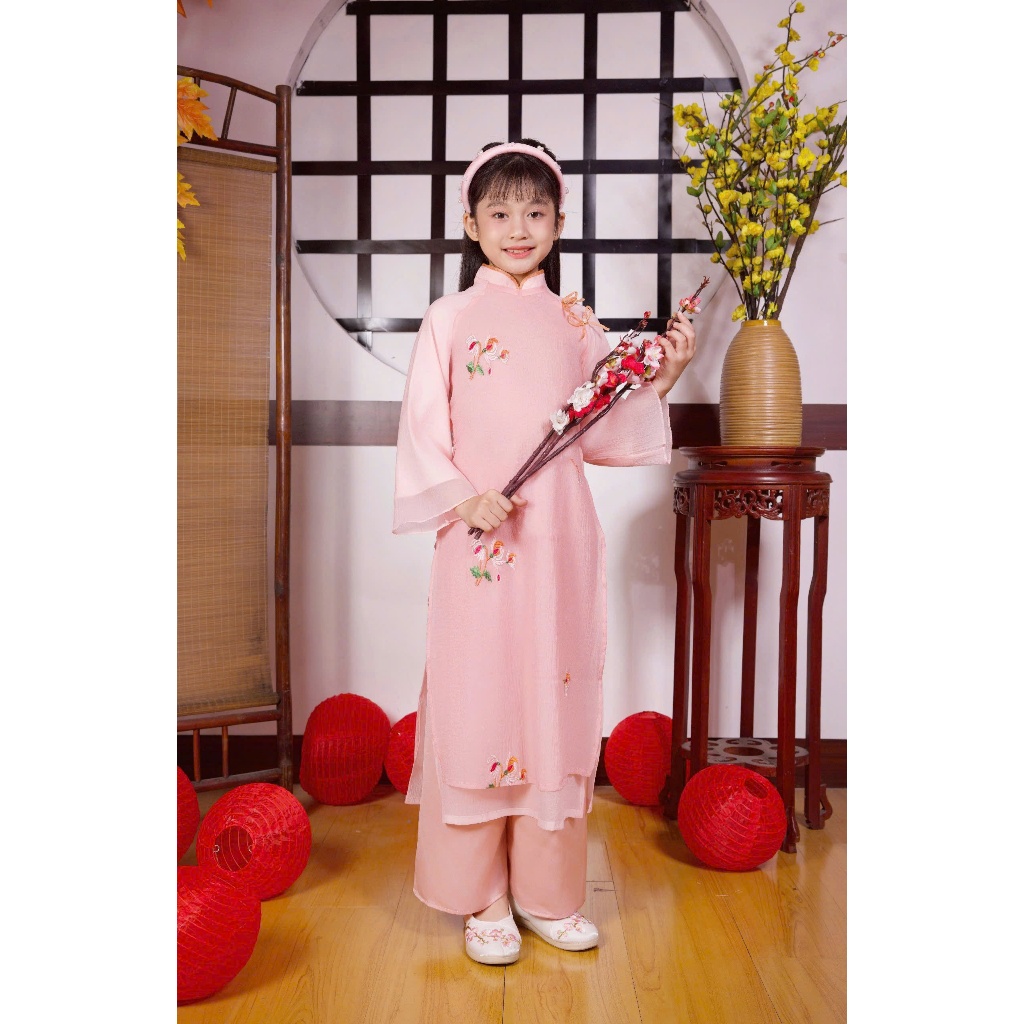 Áo dài tết cho bé gái mẫu Hoa mùa xuân xinh xắn từ 12-40kg hàng thiết kế cao cấp (kèm cài)