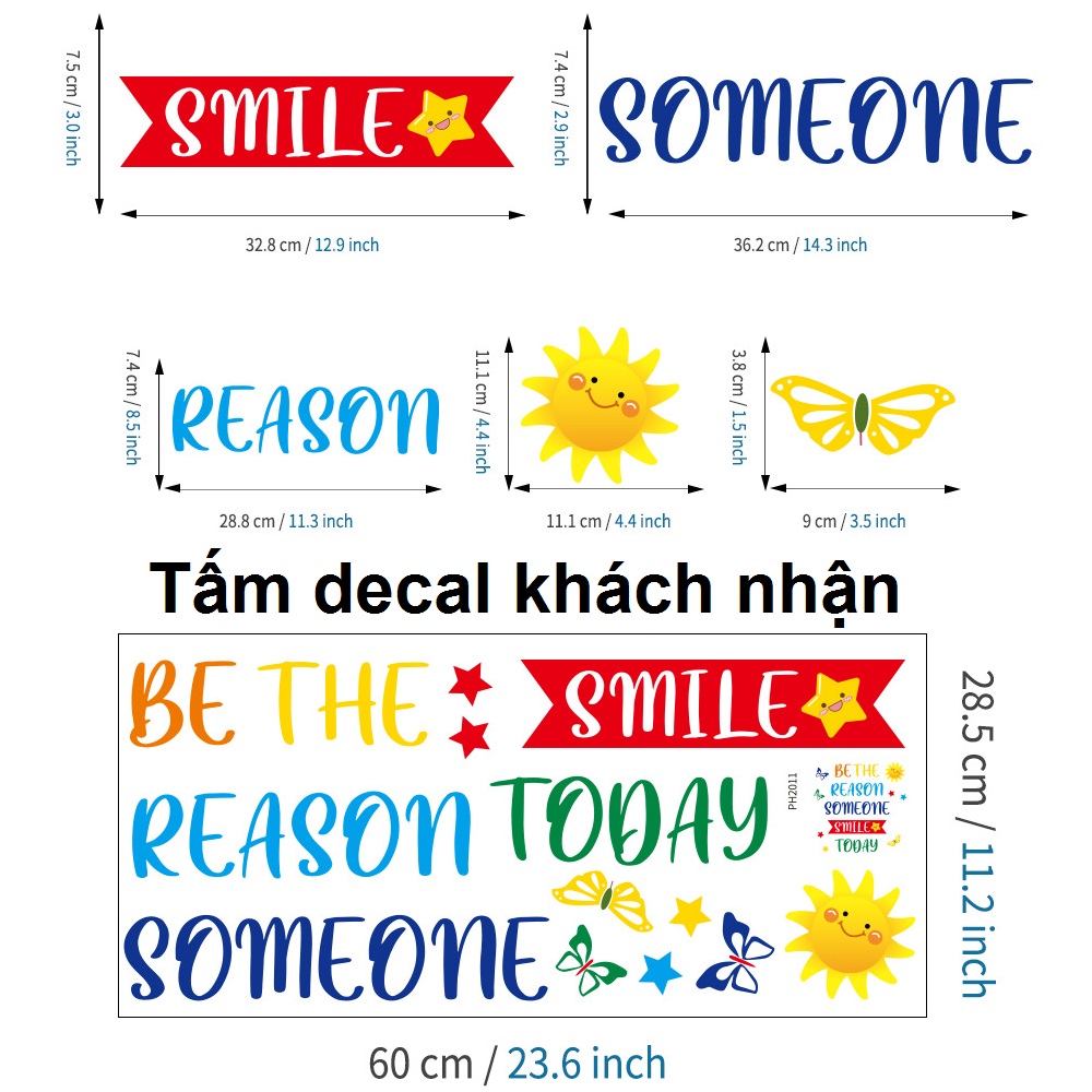 Decal Tiếng Anh Trang Trí Tạo Động Lực "BE THE REASON SOMEONE SMILE TODAY" đủ màu
