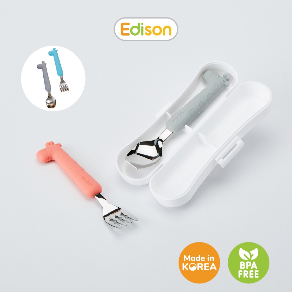 Bộ thìa nĩa ăn dặm cho bé inox 304 chống gỉ bọc silicon BPA Free có hộp đựng hình hươu cao cổ Edison 5325 Chính hãng Hàn Quốc