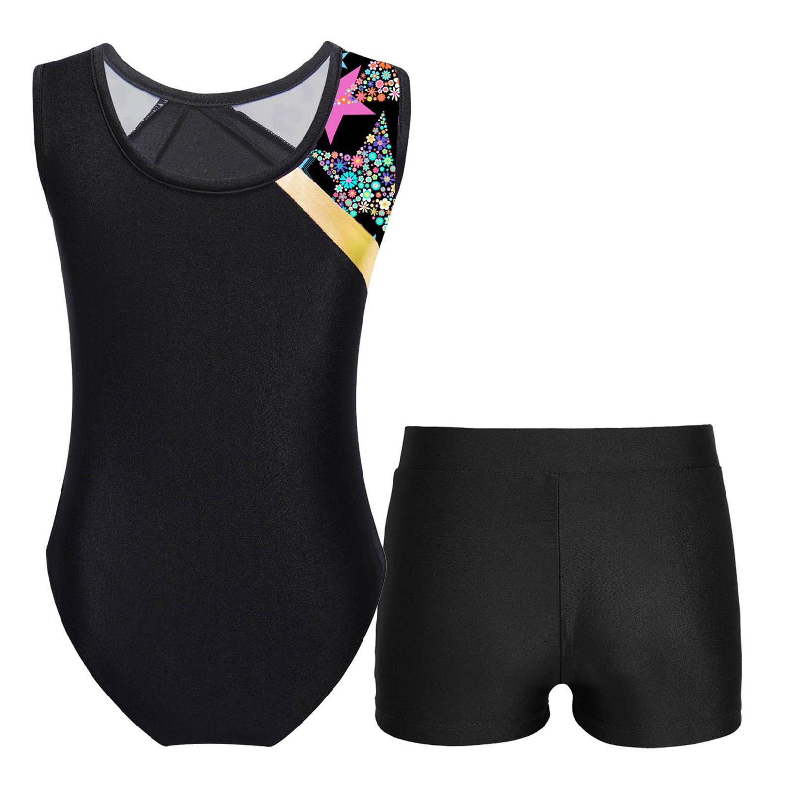 Trẻ em nữ không tay chắp vá in thể dục dụng cụ thể dục dụng cụ với quần short tập luyện trượt băng jumpsuit dancew quần áo múa ba lê Color: Pink Leopard Size: 10