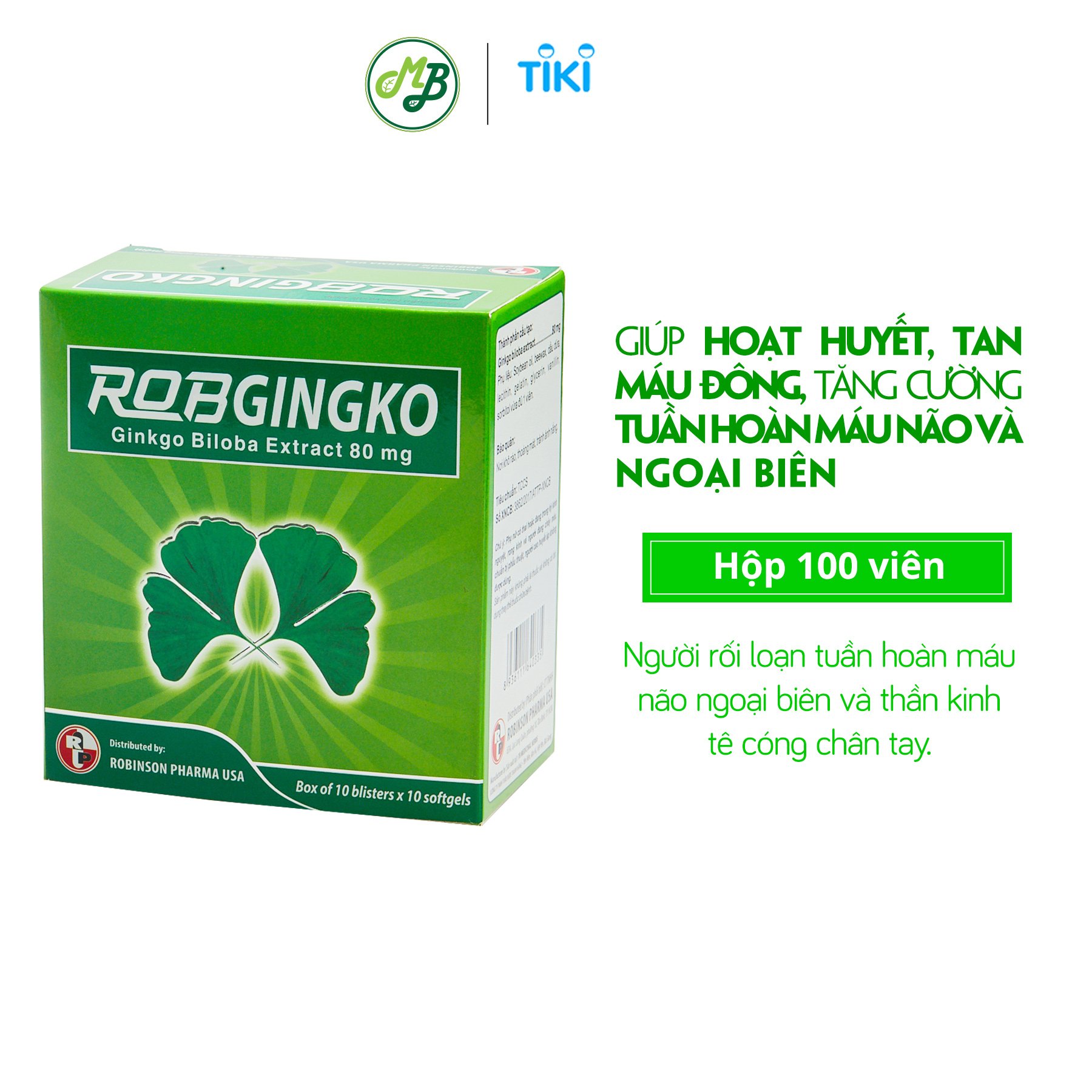 Thực phẩm chức năng hỗ trợ tuần hoàn não Robgingko – Robinson Pharma Usa-Hộp 100 viên