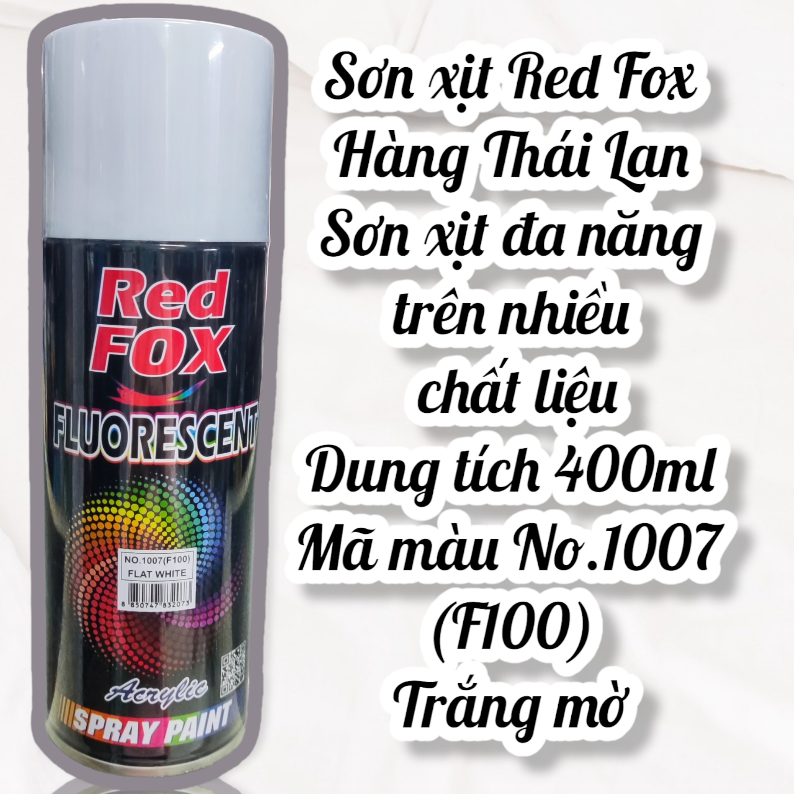 Sơn xịt đa năng Red Fox - Màu No.1007 - Trắng mờ - Hàng Thái Lan- dung tích 400ml-Bao bì có thể thay đổi theo lô hàng