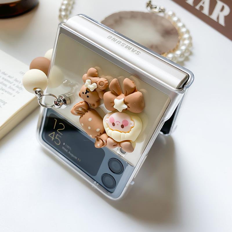 Ốp Lưng Cho Samsung Galaxy Z Flip 4 / Z Flip 3 Trong Suốt Gấu Nâu Kèm Dây Cầm Tay - BUM STORE GALAXY CASE