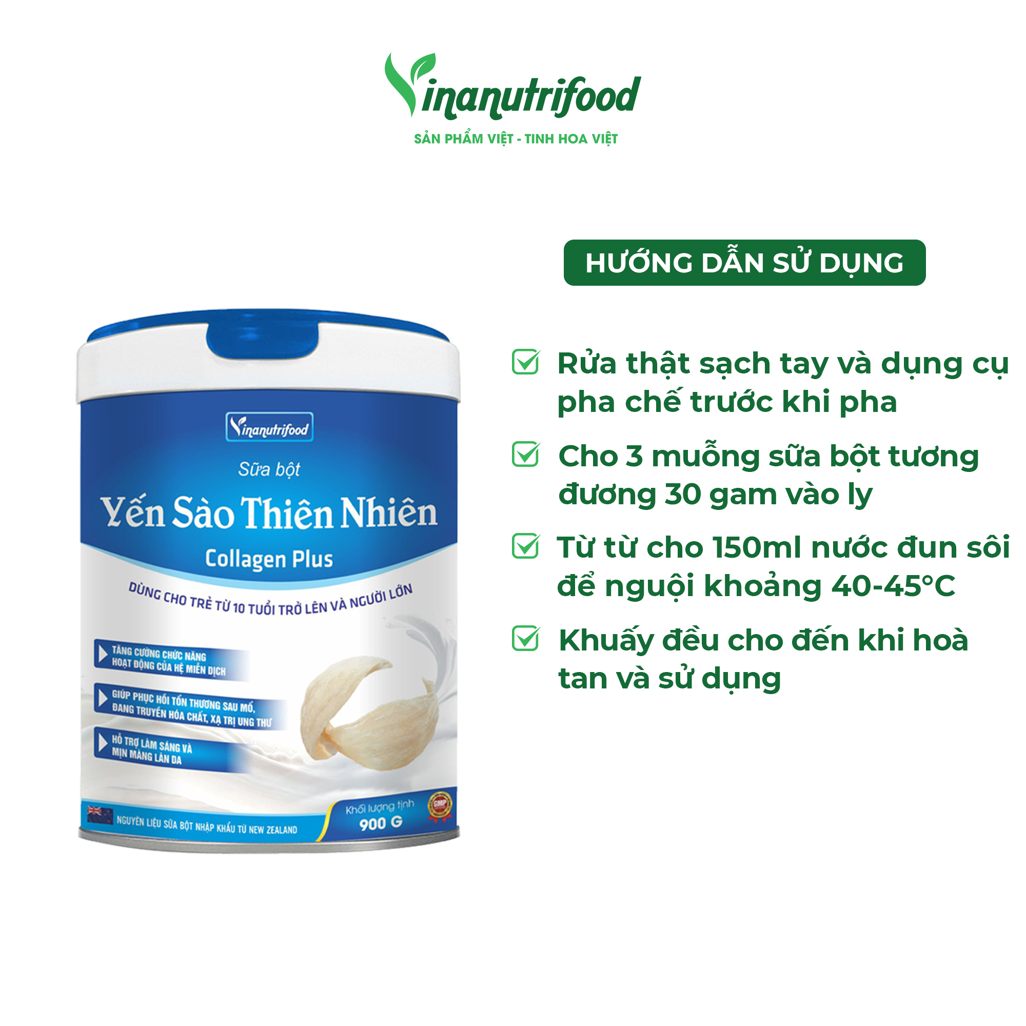 Sữa bột Yến Sào Thiên Nhiên Collagen Plus 900g Vinanutrifood, giúp nâng cao hệ thống miễn dịch, tăng sức đề kháng, bồi bổ cơ thể nhất là ở trẻ gầy yếu biếng ăn, giúp săn chắc làn da, chống lão hóa