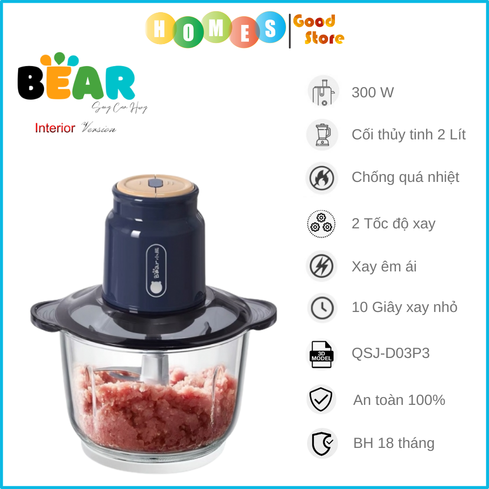 Máy Xay Thịt Bear QSJ-D03P3 2L Cực Kỳ Êm Công Suất 300 W - Hàng Chính Hãng