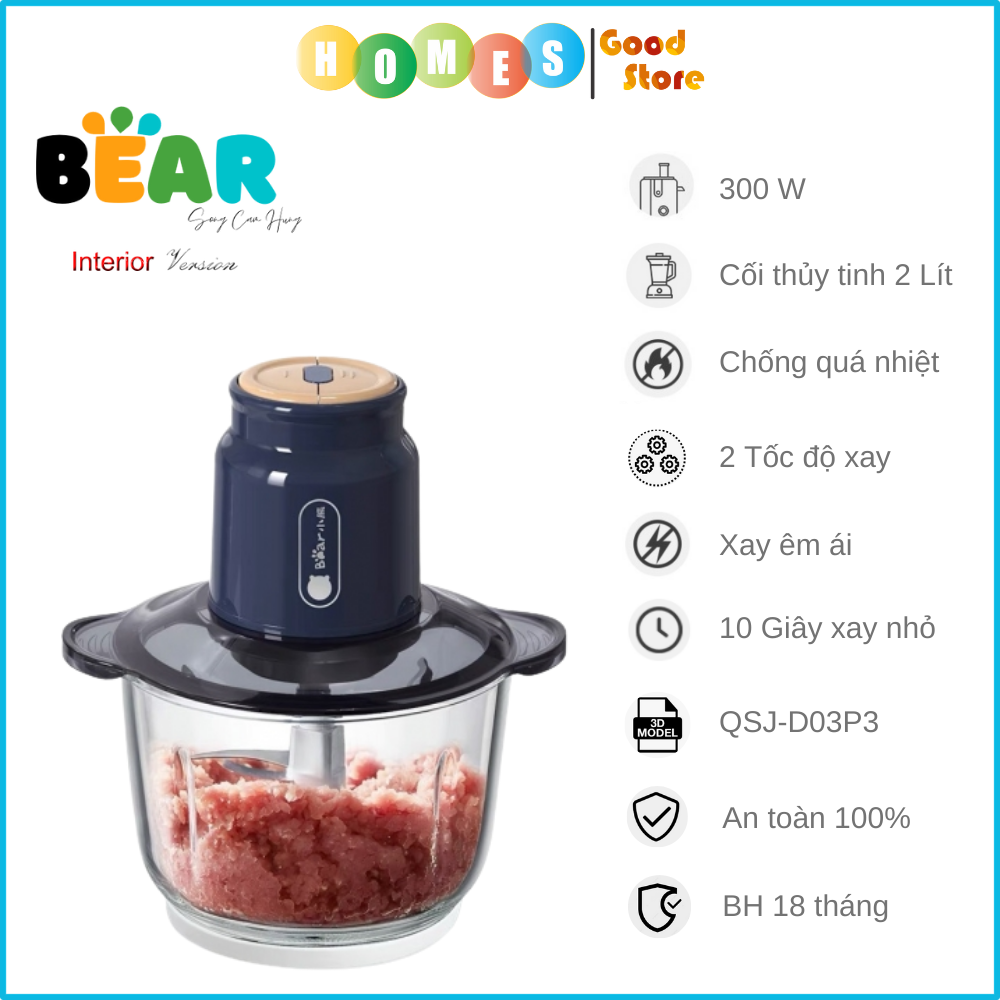 Máy Xay Thịt, Xay Thực Phẩm BEAR QSJ-D03P3 Cực Kỳ Êm, Siêu Nhuyễn Dung Tích 2 Lít Công Suất 300 W - Hàng Chính Hãng