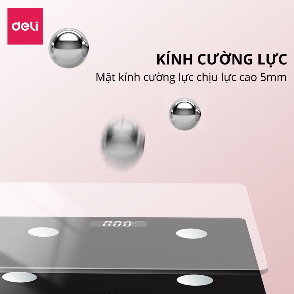 Cân Điện Tử Sức Khoẻ Thông Minh Mặt Vuông Kính Cường Lực Chịu Lực 180Kg Deli - Phù Hợp Gia Đình Trường Học Theo Dõi Đo Lường Sức Khoẻ -  Nhiều Màu Sắc - Hàng Chính Hãng - Kết quả chính xác - E86120