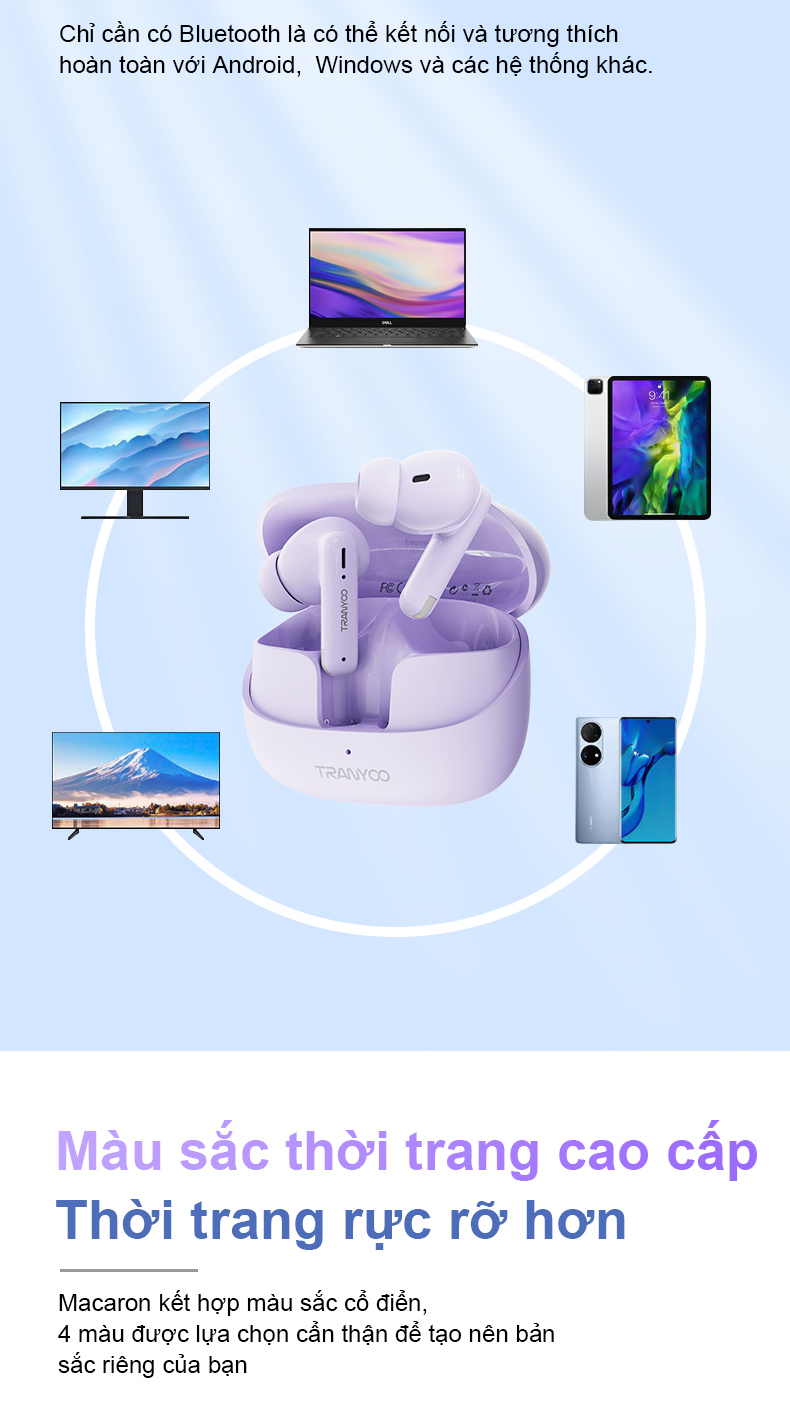 Tai nghe Bluetooth 5.3 TRANYOO T-M26, khử tiếng ồn thông minh, thiết kế đẹp, sang trọng, pin trâu - Hàng chính hãng