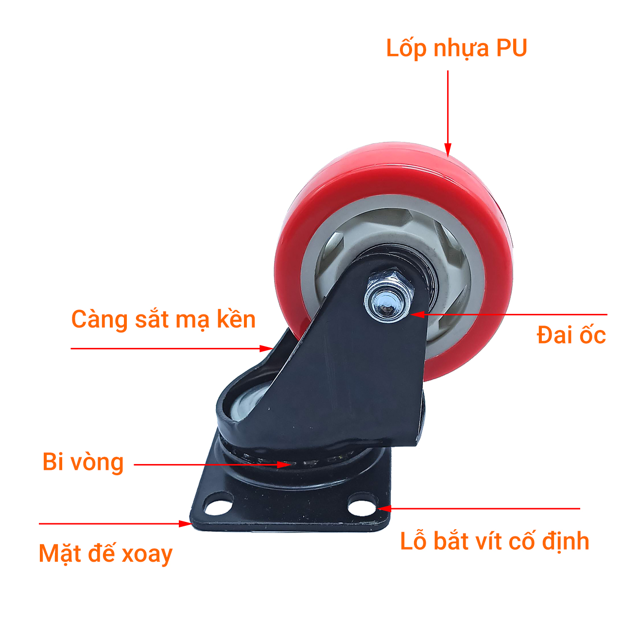 Bánh xe đẩy mặt đế xoay càng sắt tải trọng 50kg lốp nhựa PU cam trắng rộng 30mm Φ75mm