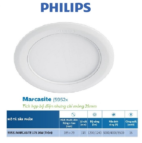 Bộ đèn PHILIPS LED âm trần MARCASITE tròn (5952x )-9W, 12W, 14W,16W (ánh sáng trắng, trung tính, vàng)