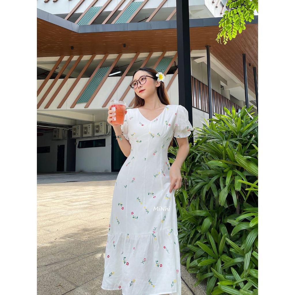 Đầm hoa nhí trắng nơ lưng, Váy hoa nhí cổ tim vải hoa mát mẻ Cao Cấp cổ V dáng xòe tay ngắn - MiNhi Đầm
