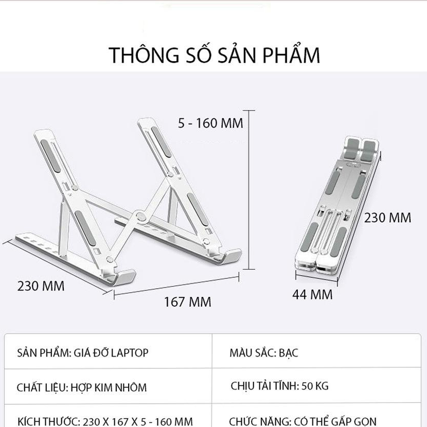 Giá đỡ dành cho  LAPTOP, MACBOOK, IPAD bằng nhôm có thể điều chỉnh được độ cao và gấp gọn, đế tản nhiệt laptop di động