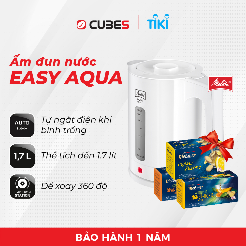 Ấm Đun Nước Siêu Tốc Kettle Melitta Easy Aqua (1.7L) - Trắng - Hàng nhập khẩu chính hãng  từ Đức