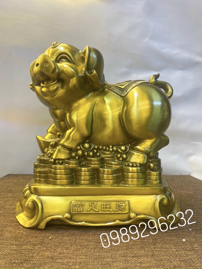 Tượng Lợn phong thủy bằng đồng vàng cao 22cm - Tượng Lợn Tài Lộc