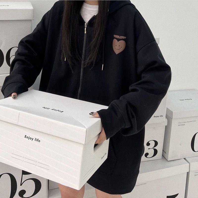 Áo hoodie nữ có nón 2 lớp zip kéo in hình trái tim, mẫu áo khoác nỉ chống nắng thời trang ulzzang kèm video