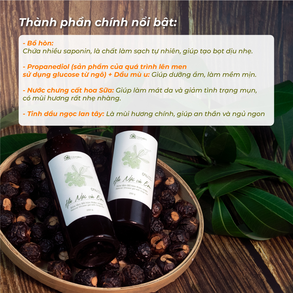 Sữa Tắm Bồ Hòn Thiên Nhiên Hà Nội Và Em An Toàn Cho Da Nhạy Cảm Hương Hoa Ngọc Lan Tây và Hoa Sữa Cỏ Mềm 250g