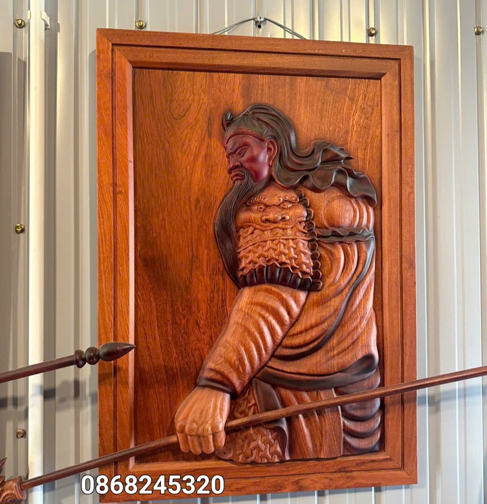 Tranh khắc quan công bằng gỗ hương đá sơn pu giả cổ kt 48×68×6cm