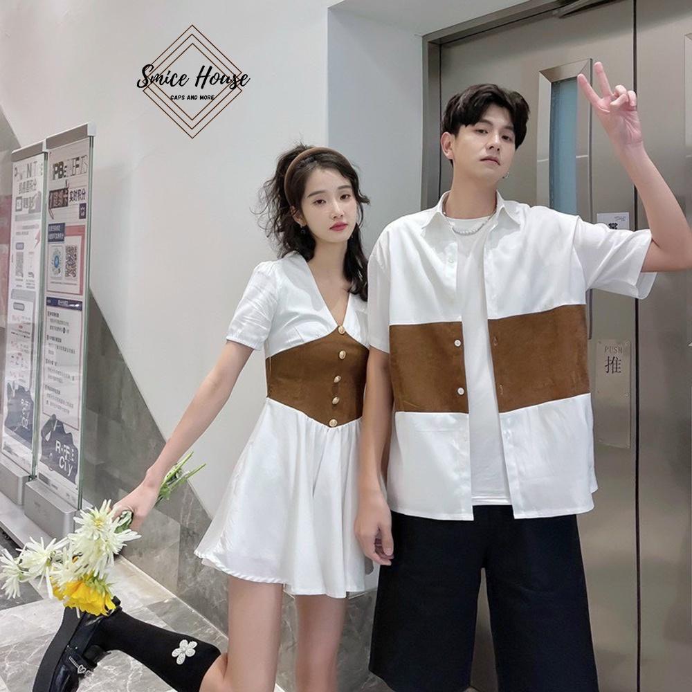 SET ÁO ĐÔI NAM NỮ CHỤP HÌNH CƯỚI ĐỒ CẶP ÁO SƠ MI NAM ĐẦM HÀN QUỐC MÀU TRẮNG