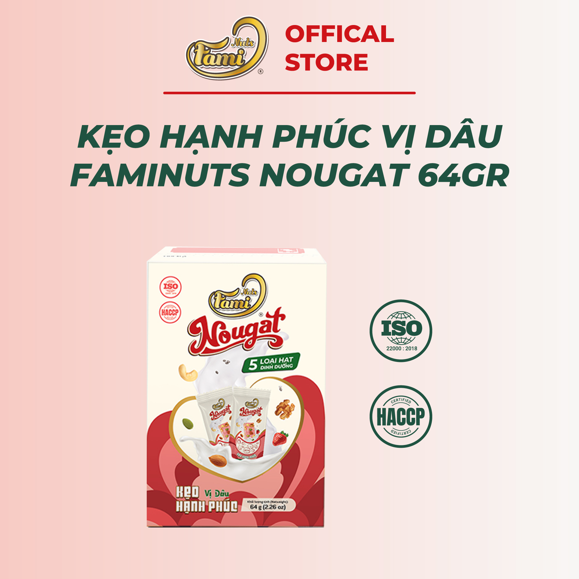 Kẹo Nougat Kẹo ít ngọt - FAMINUTS 5 Loại Hạt Vị Dâu Thơm Ngon