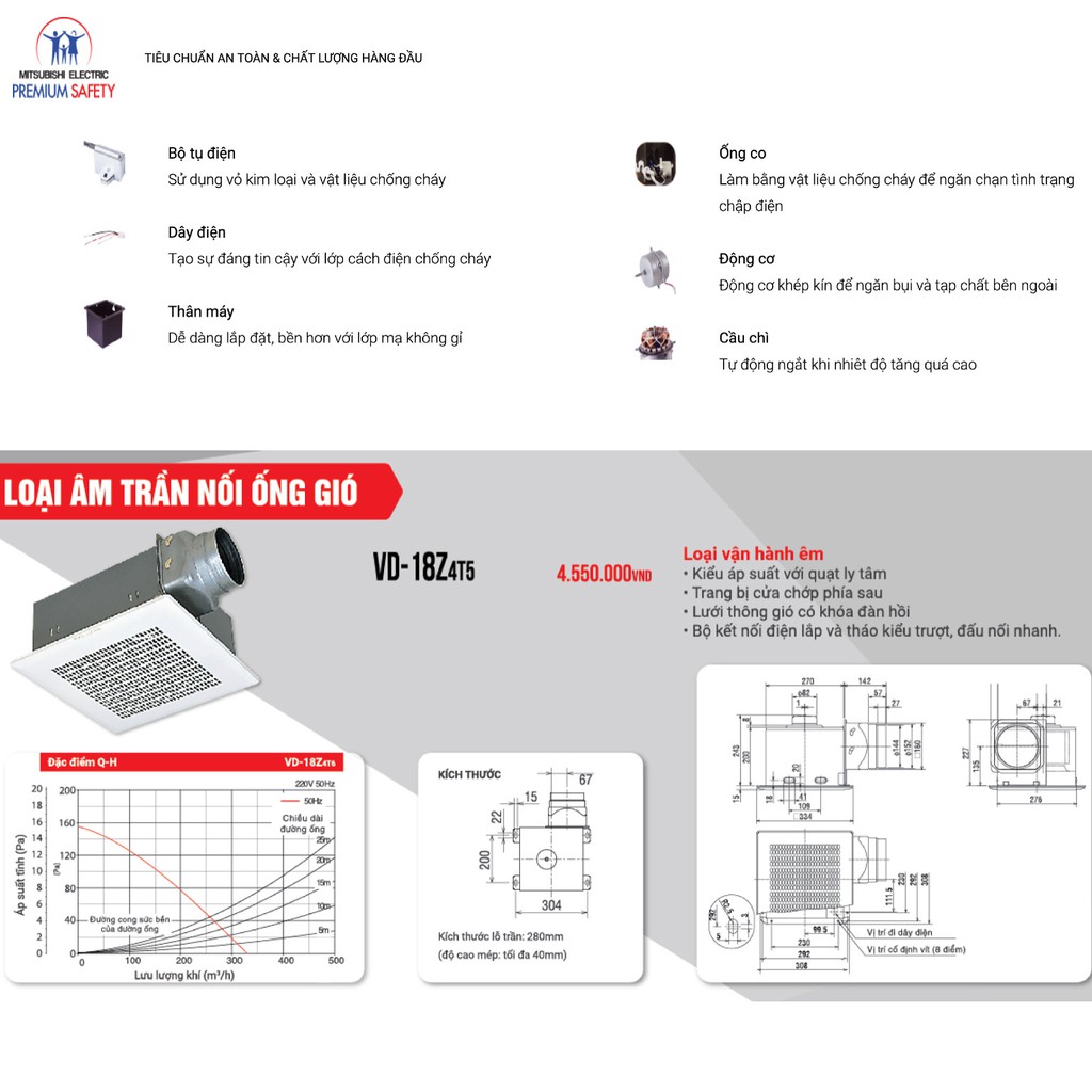 Quạt hút âm trần nối ống gió Mitsubishi VD-18Z4T5 31W Made in ThaiLand HÀNG CHÍNH HÃNG