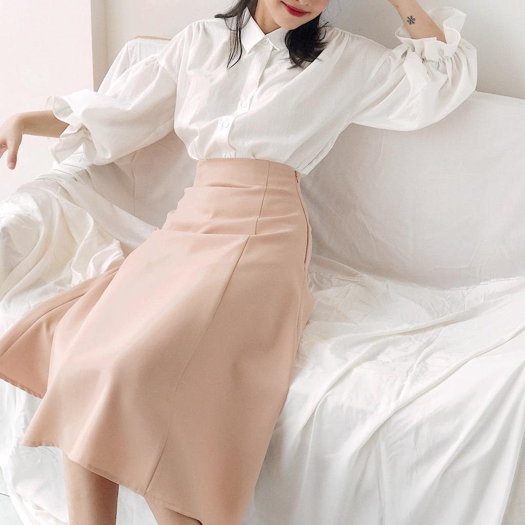 KIOBI - Chân váy Laluna form midi rã 6 mảnh, ôm trên xòe dưới, lưng cao, 3 size S M L, vải cotton bố be - KIV170801B