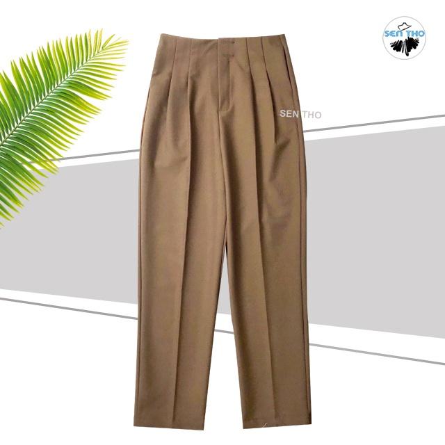 Quần Baggy Nữ Công Sở Xếp Ly Cạp Liền, Hai Khuy Chất Vải Cotton 2 Biên Nhẹ Mát Mau Đen Nâu Tây Trẻ Trung