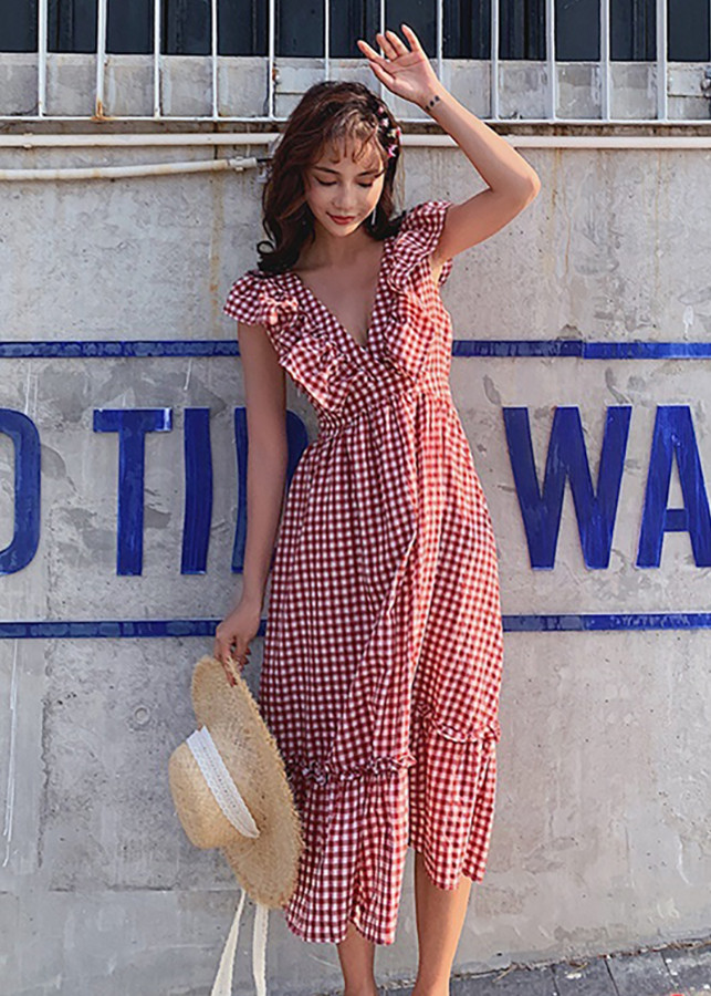 Đầm Caro Nữ Thiết Kế Nhún Bèo DRESS910QU